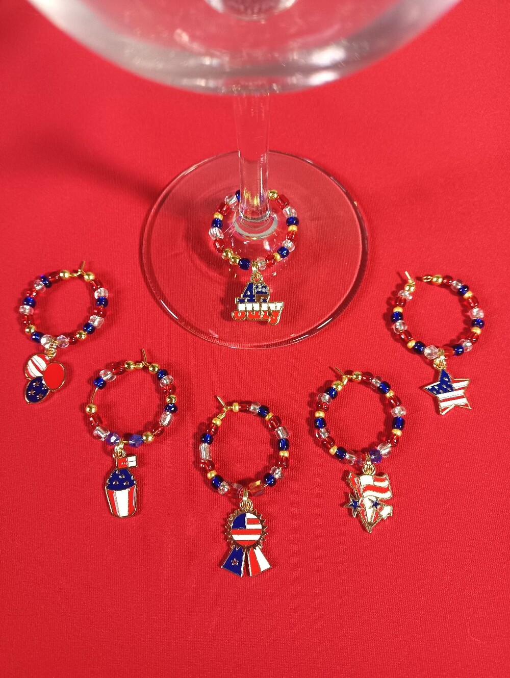 Handmade Patriotic 4th of July Red White & Blue Bead Wine Glass Charms Set of 6
